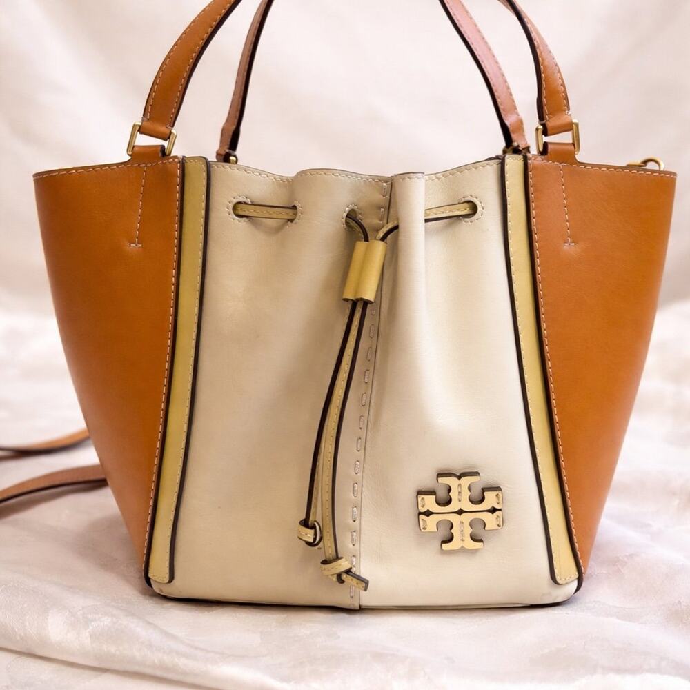 Tory Burch McGraw Colorblock Leather Satchel Drawstring Bag Tan Cream Crossbody